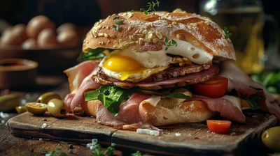 Gourmet Breakfast Sandwich With Fried Egg And Ham