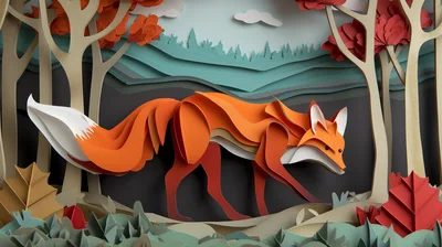 Papercraft Fox Walking Through An Autumn Forest