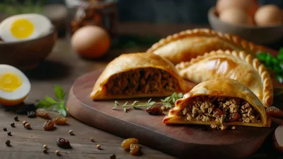 Freshly Baked Meat Empanadas on a Wooden Board