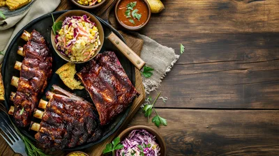 Grilled Barbecue Pork Ribs With Coleslaw On Wooden Table