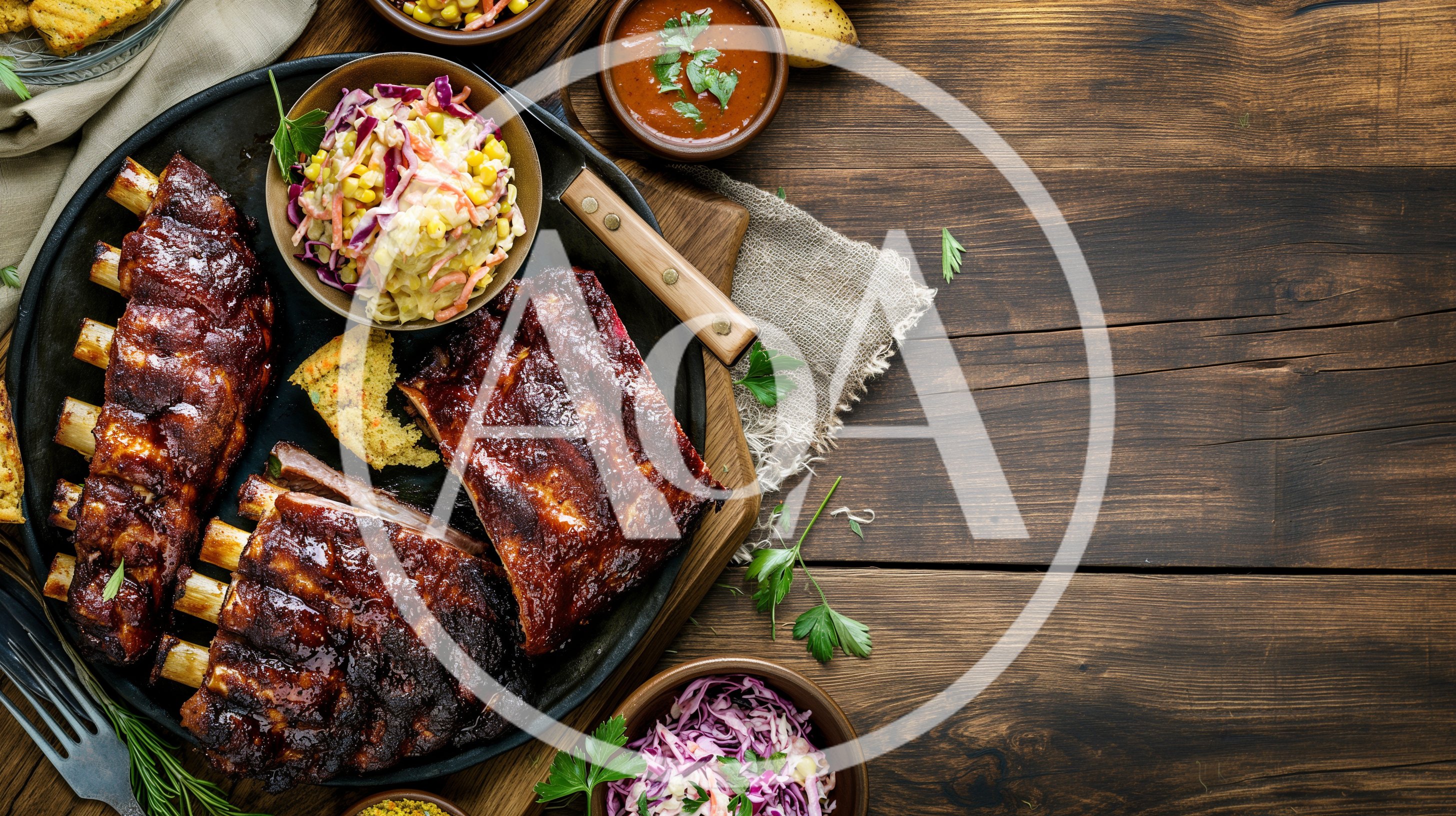 Grilled Barbecue Pork Ribs With Coleslaw On Wooden Table