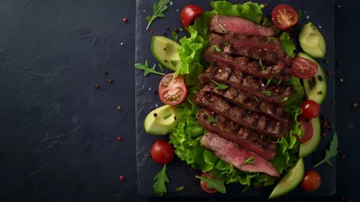 Grilled Sliced Steak with Avocado and Tomato Salad