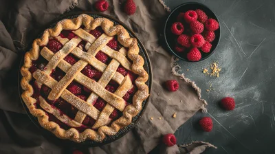 Fresh Raspberry Lattice Pie On A Rustic Table