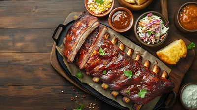 Grilled Barbecue Pork Ribs With Sides On Wooden Table