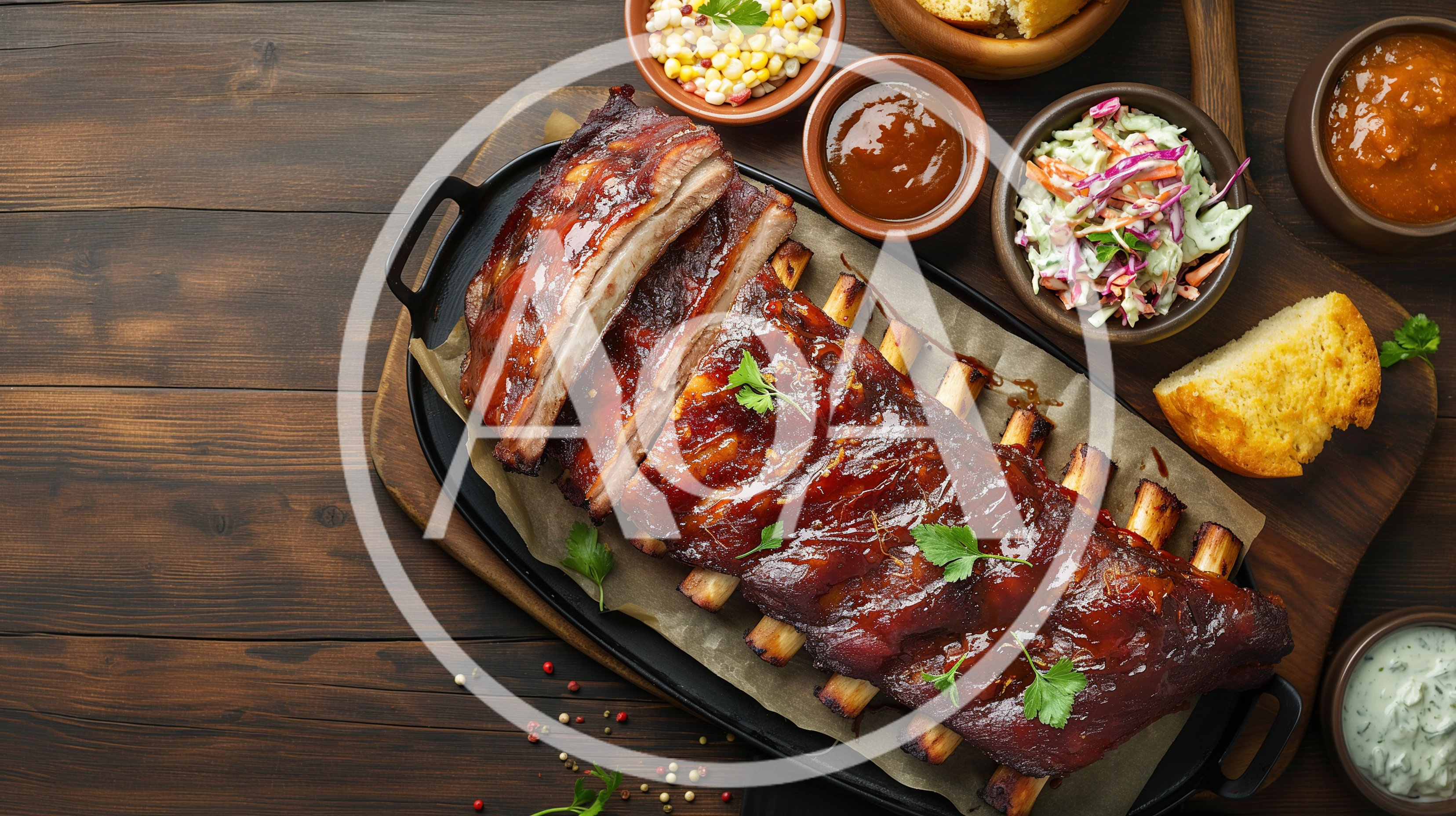Grilled Barbecue Pork Ribs With Sides On Wooden Table