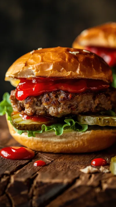 Gourmet Beef Burger With Ketchup And Pickles