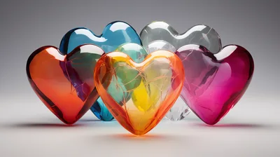 Group Of Translucent Glass Hearts With Internal Fractures