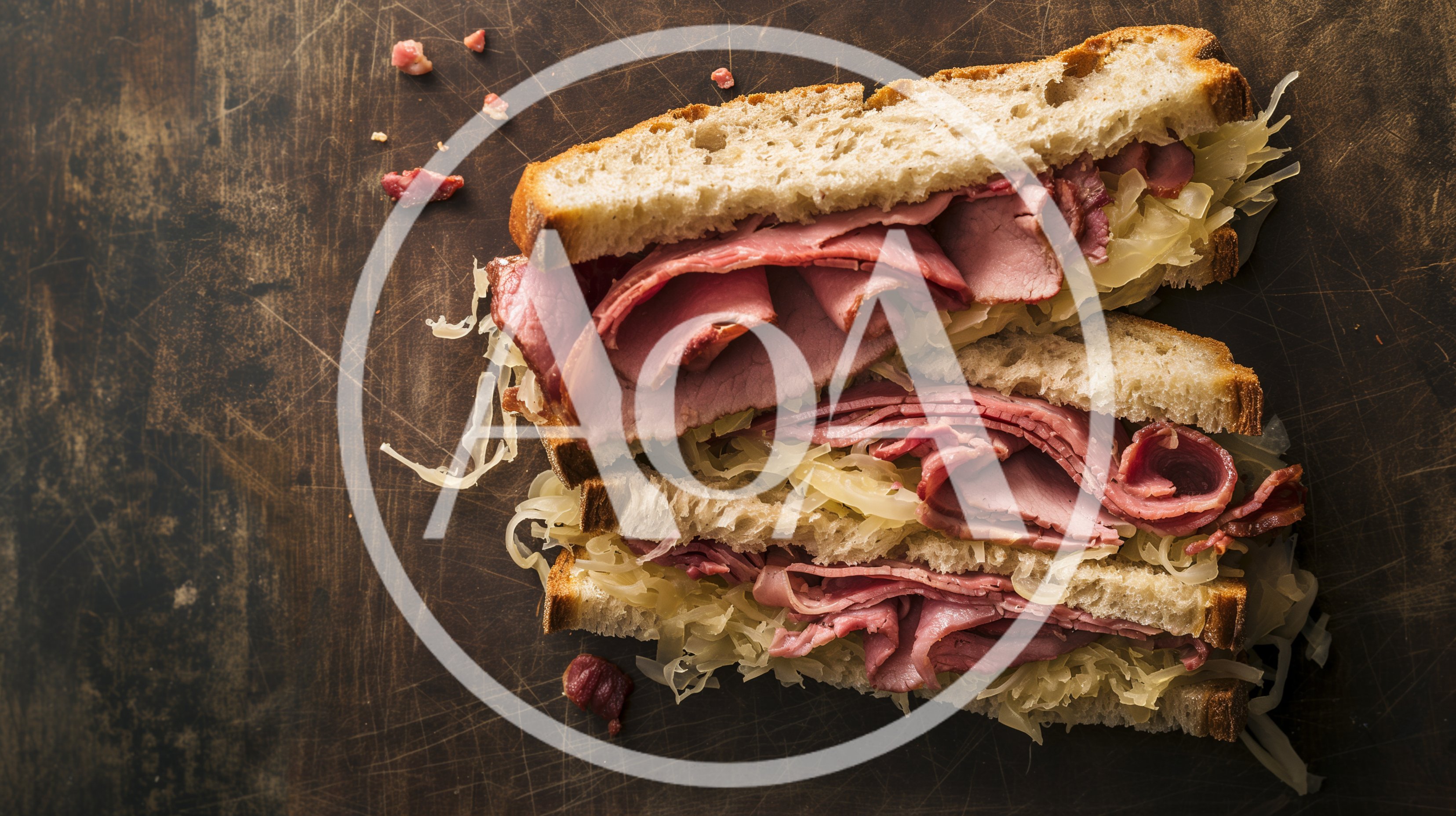 Two Reuben Sandwiches On A Dark Rustic Surface