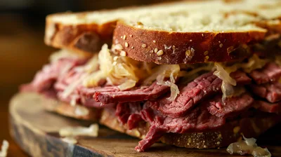 Close Up Of A Hearty Corned Beef Sandwich