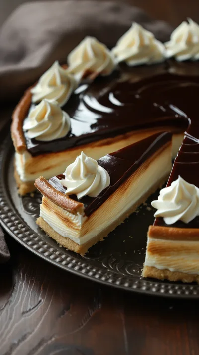 Slice Of Chocolate Topped Cheesecake On A Serving Platter