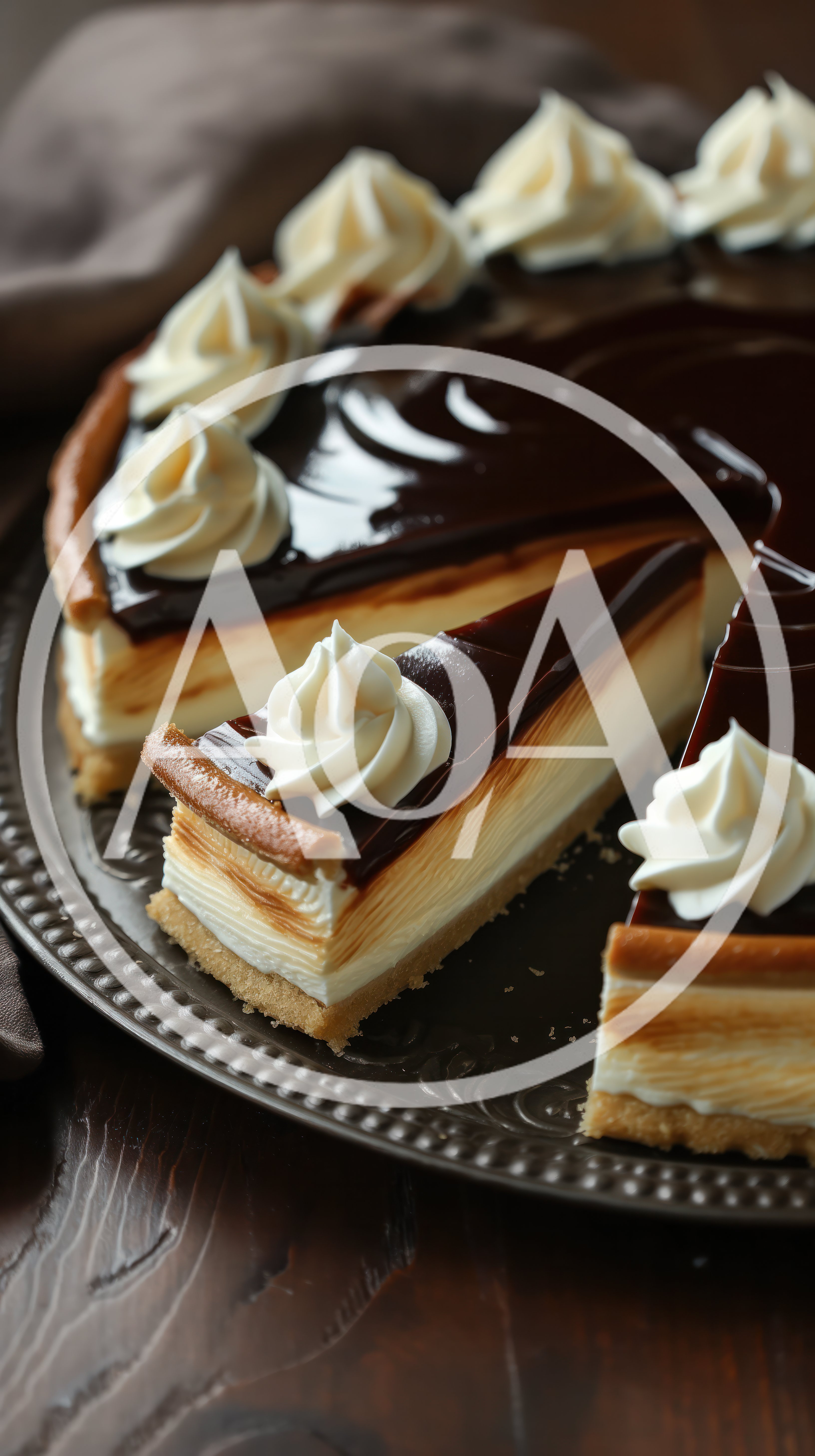 Slice Of Chocolate Topped Cheesecake On A Serving Platter