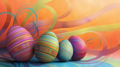 Four Decorated Easter Eggs On Abstract Colorful Background