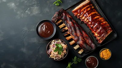 Grilled Barbecue Pork Ribs With Coleslaw And Sauces