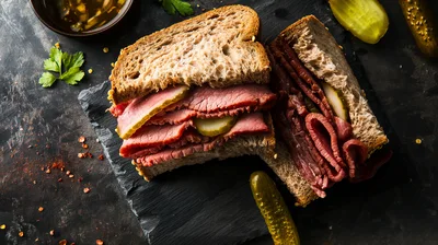 Pastrami Sandwich on Rye Bread with Pickles