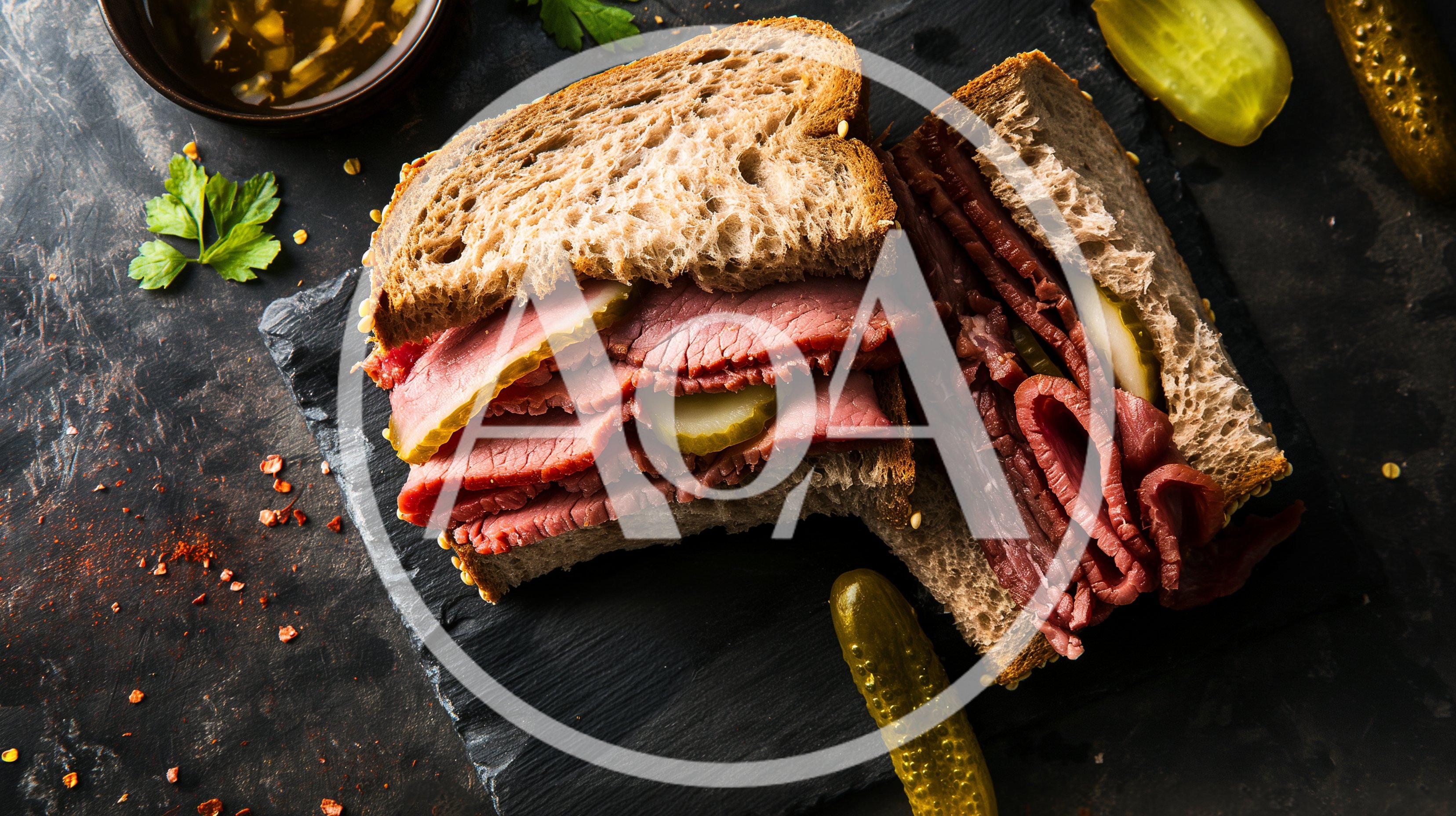 Pastrami Sandwich on Rye Bread with Pickles