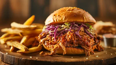 Pulled Pork Sandwich With French Fries On Wooden Board