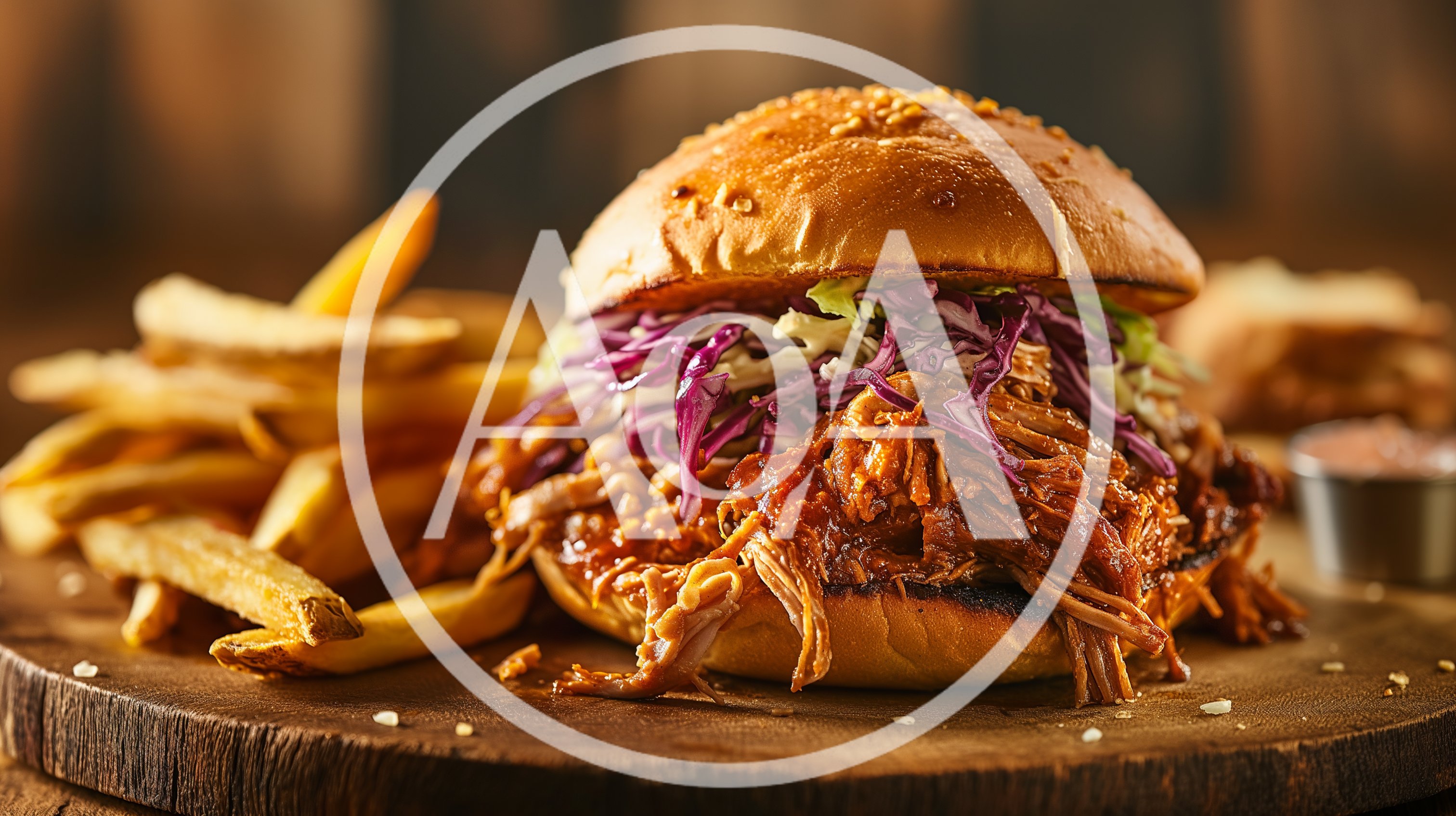 Pulled Pork Sandwich With French Fries On Wooden Board