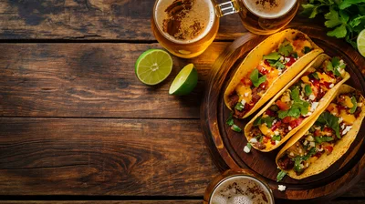 Three Beef Tacos With Beer On Wooden Table