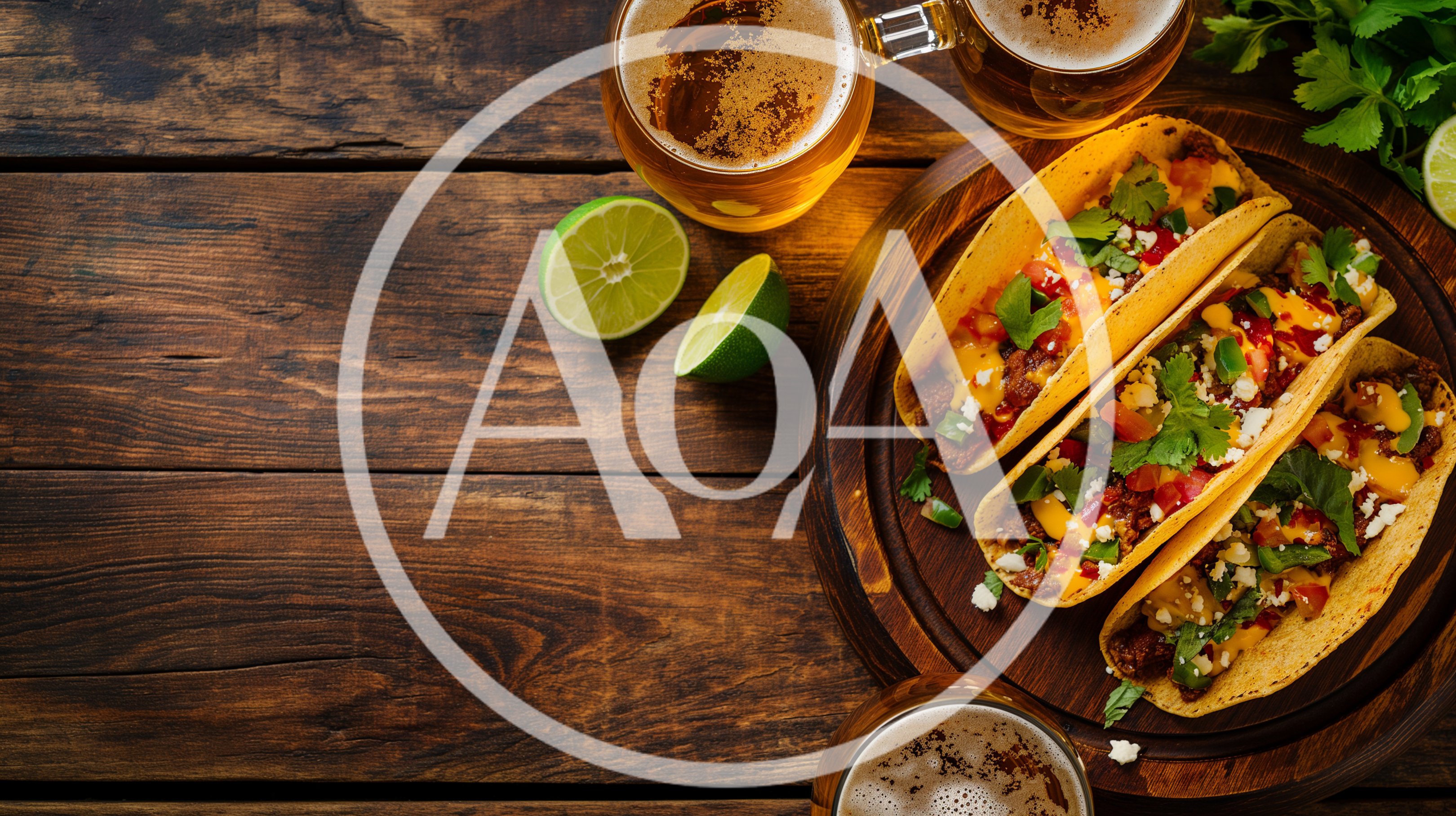 Three Beef Tacos With Beer On Wooden Table
