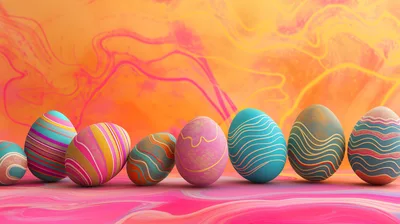Colorful Decorated Easter Eggs on Abstract Marbled Background