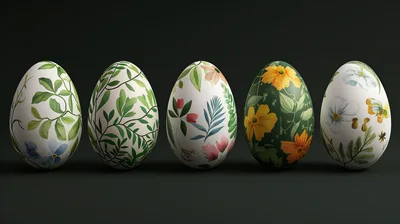 Five Decorative Easter Eggs With Botanical Floral Patterns