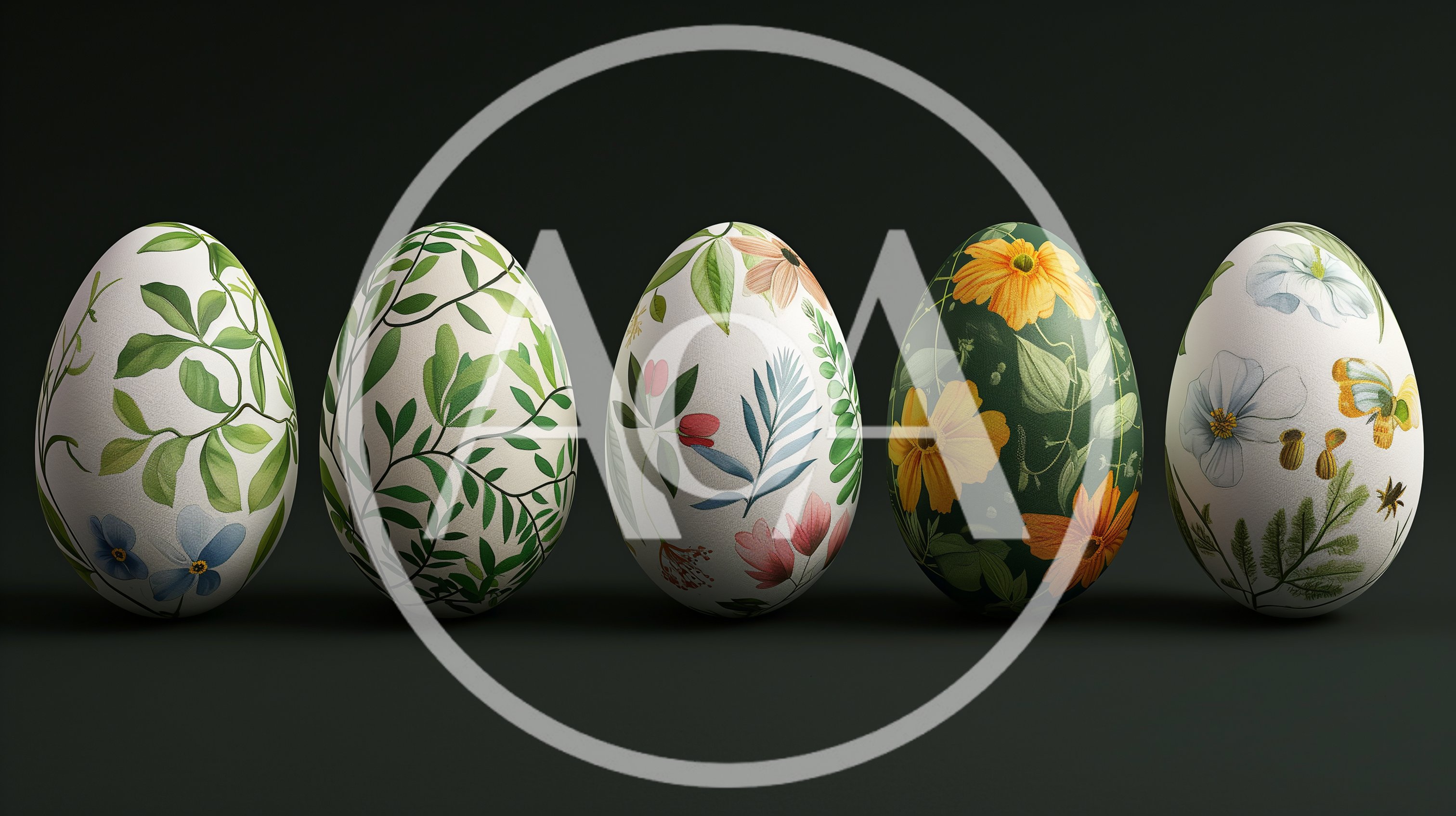Five Decorative Easter Eggs With Botanical Floral Patterns