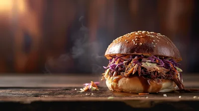 Steaming Pulled Pork Sandwich With Coleslaw On Wooden Table