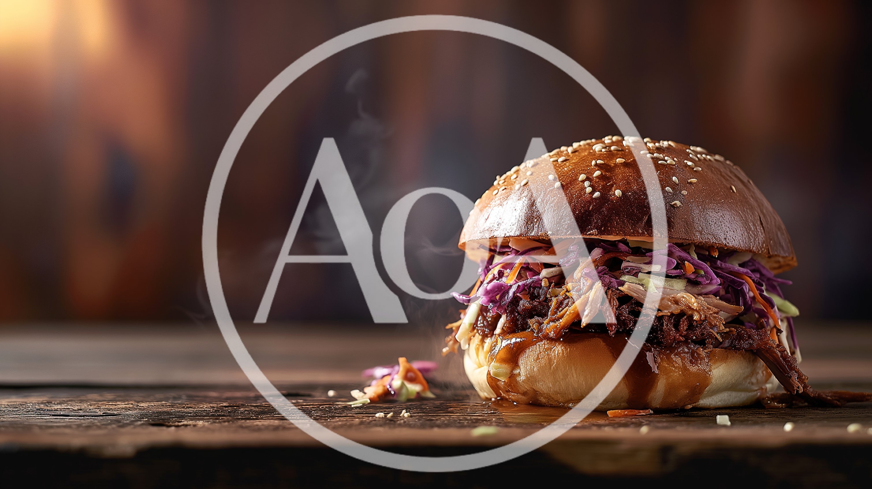 Steaming Pulled Pork Sandwich With Coleslaw On Wooden Table