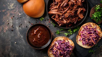 Pulled Pork Sandwich Ingredients With Coleslaw And BBQ Sauce