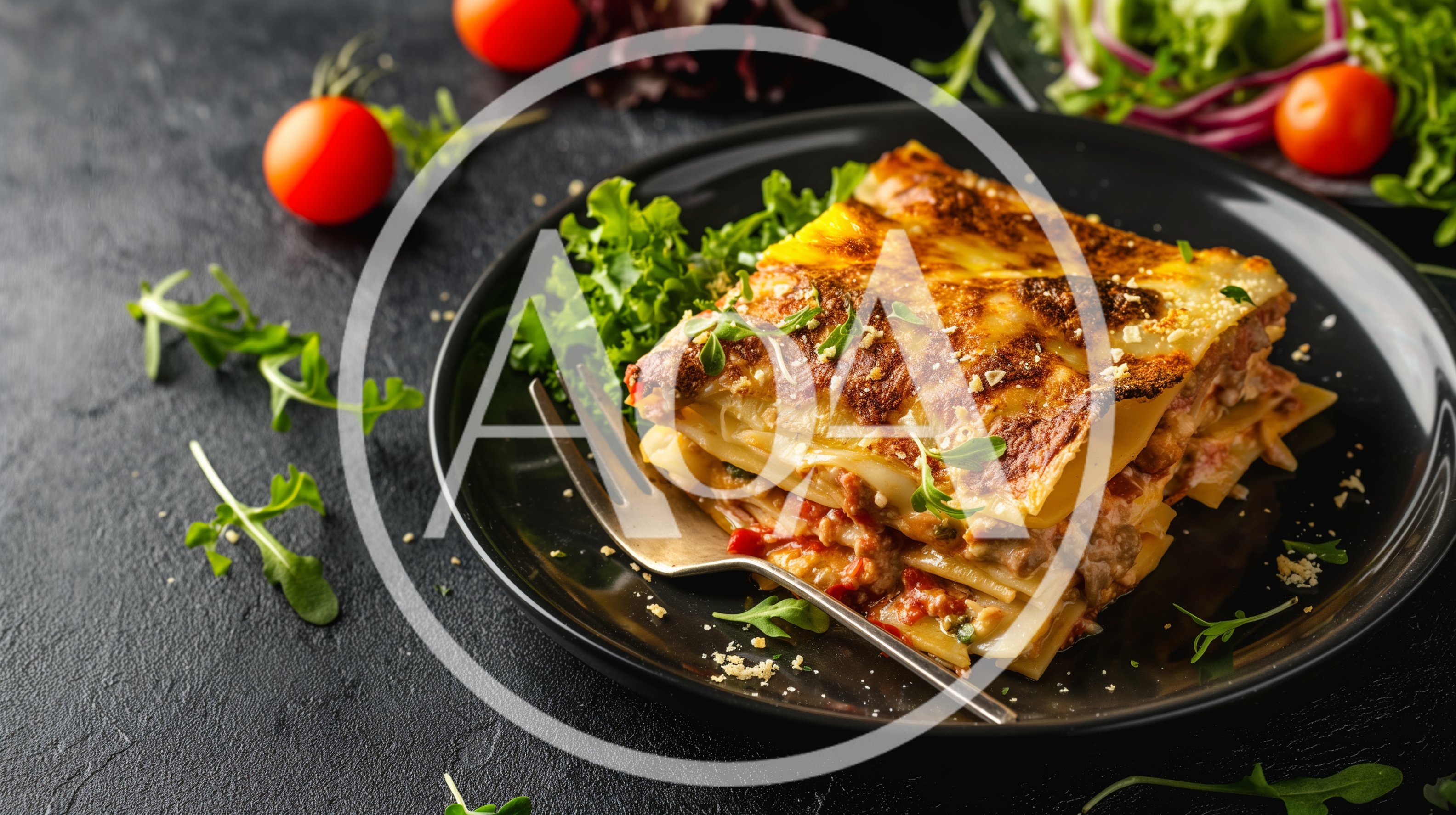 Freshly Baked Lasagna Served on a Black Plate