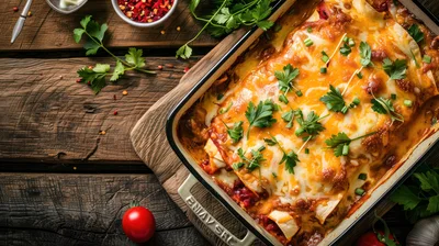 Freshly Baked Enchiladas In A Rectangular Baking Dish