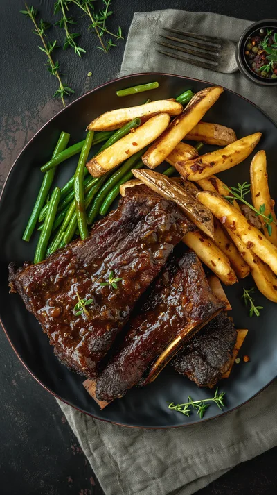 Glazed Beef Ribs with French Fries and Green Beans