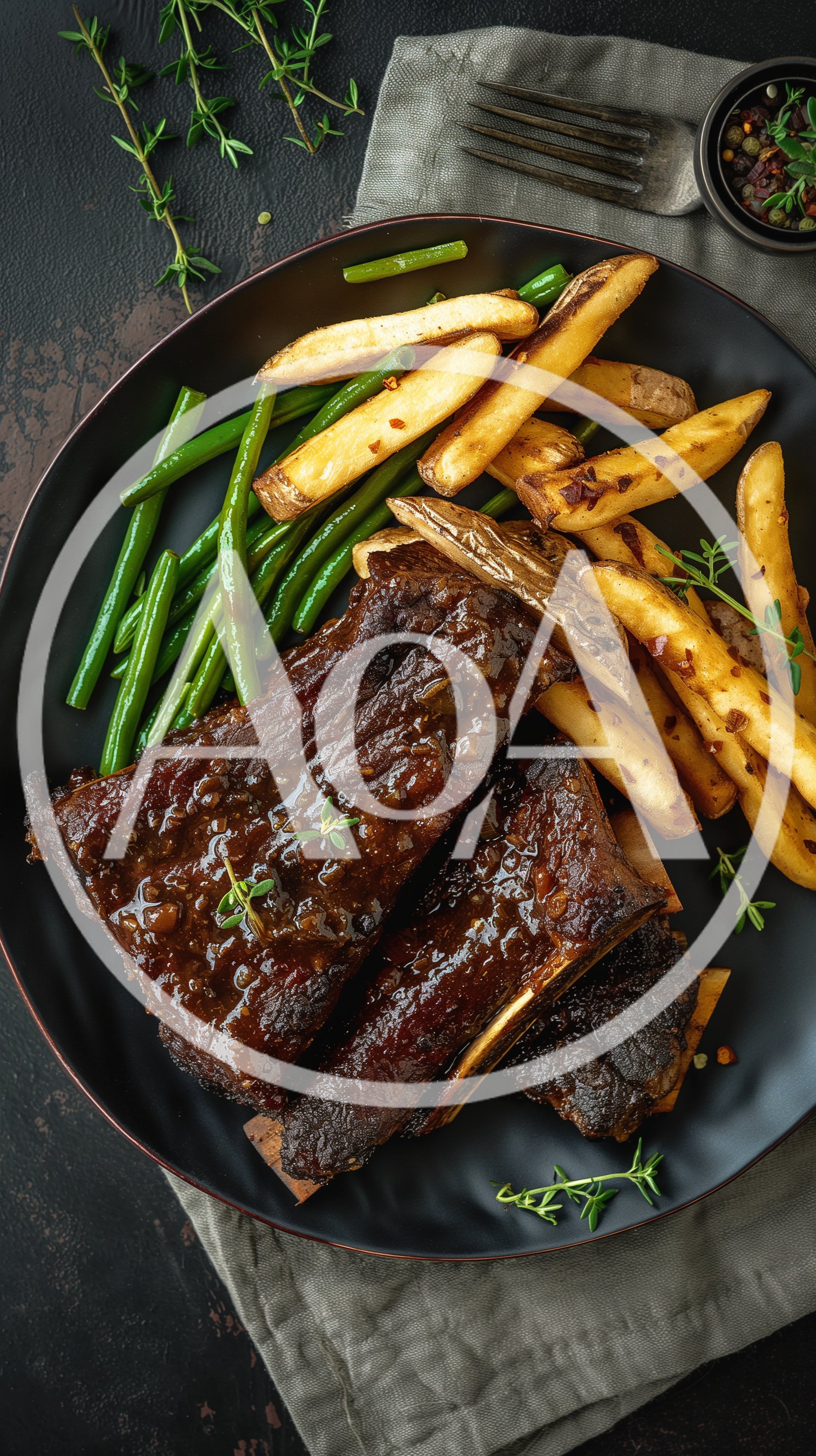 Glazed Beef Ribs with French Fries and Green Beans