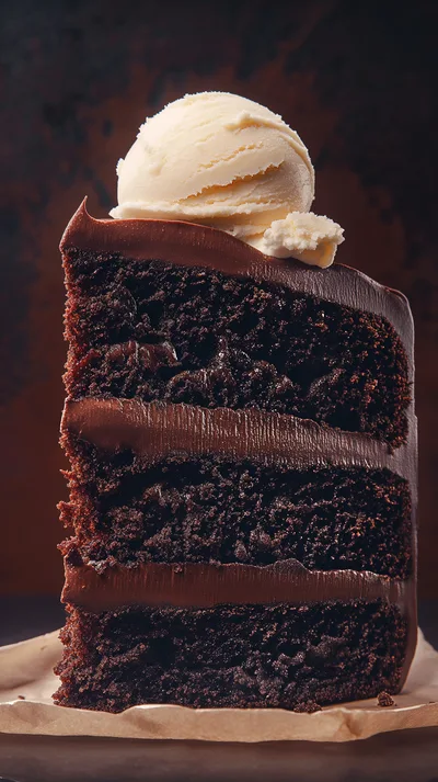 Slice Of Rich Chocolate Cake With Vanilla Ice Cream