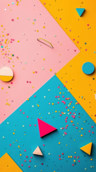 Abstract Geometric Shapes And Confetti On Colorful Background