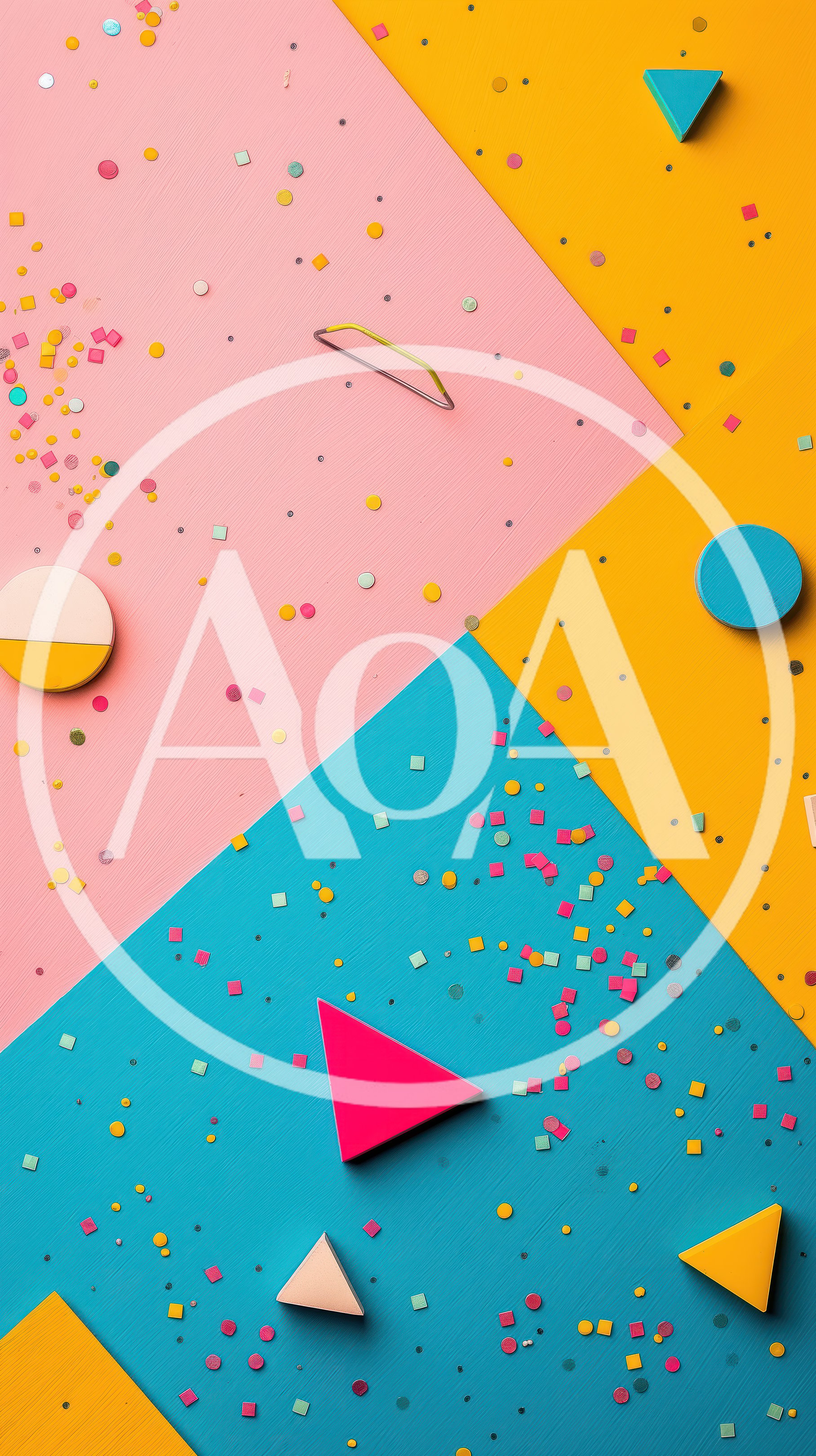 Abstract Geometric Shapes And Confetti On Colorful Background