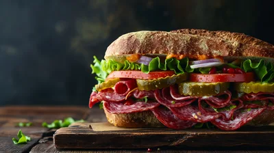 Gourmet Salami Sandwich on Rustic Wooden Board