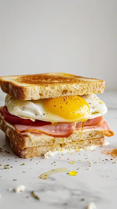 Gourmet Breakfast Sandwich With Fried Egg And Ham