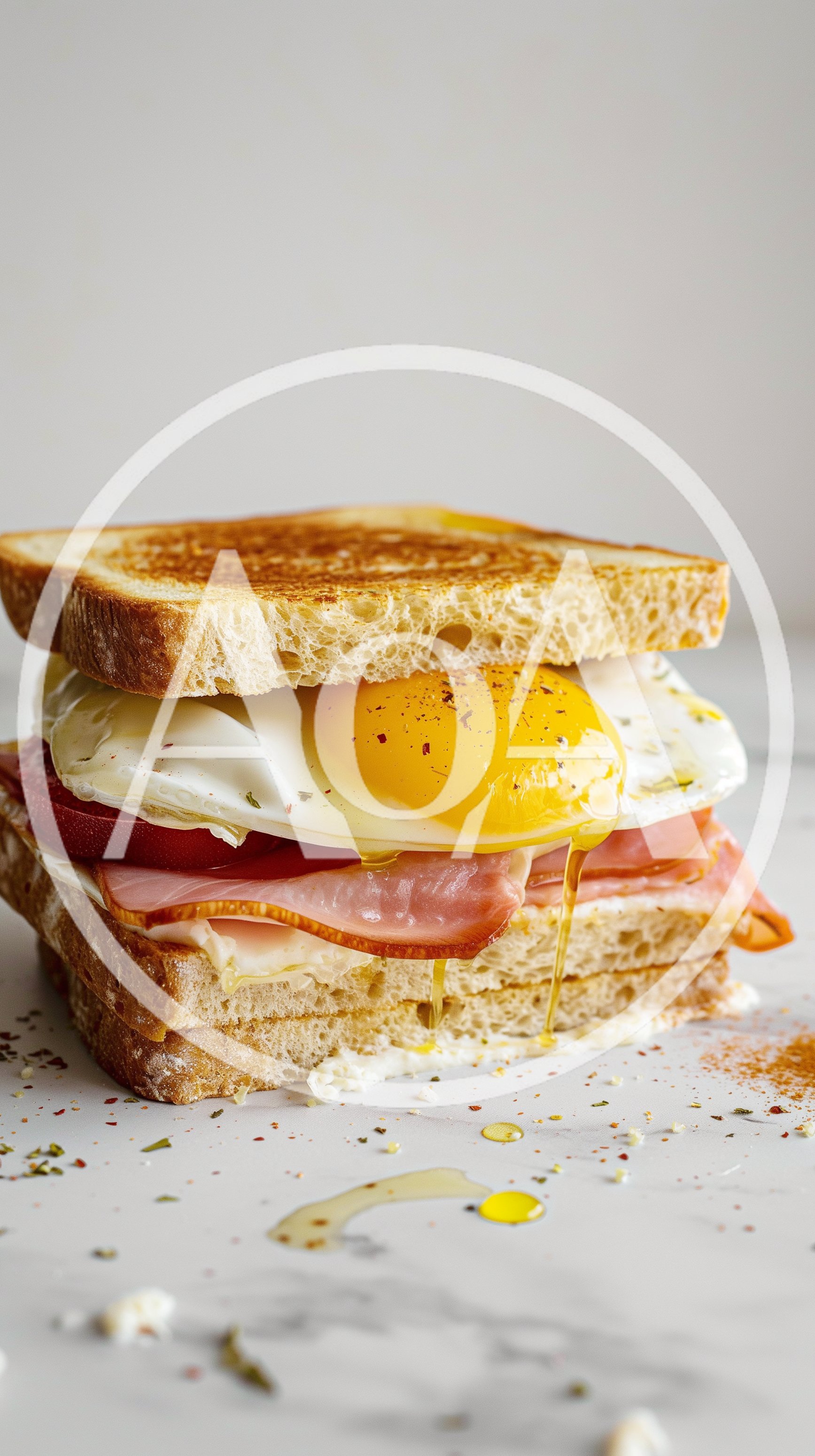 Gourmet Breakfast Sandwich With Fried Egg And Ham