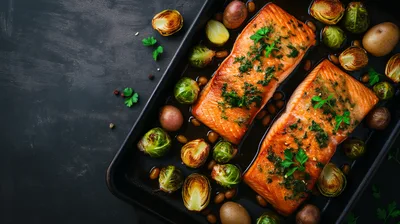 Baked Salmon Fillets With Roasted Vegetables In Pan