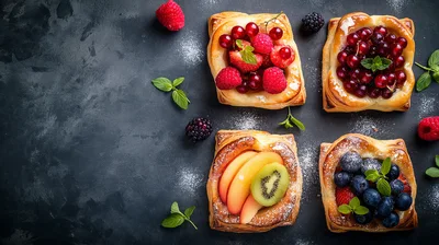 Assorted Fruit Pastries On Dark Textured Background