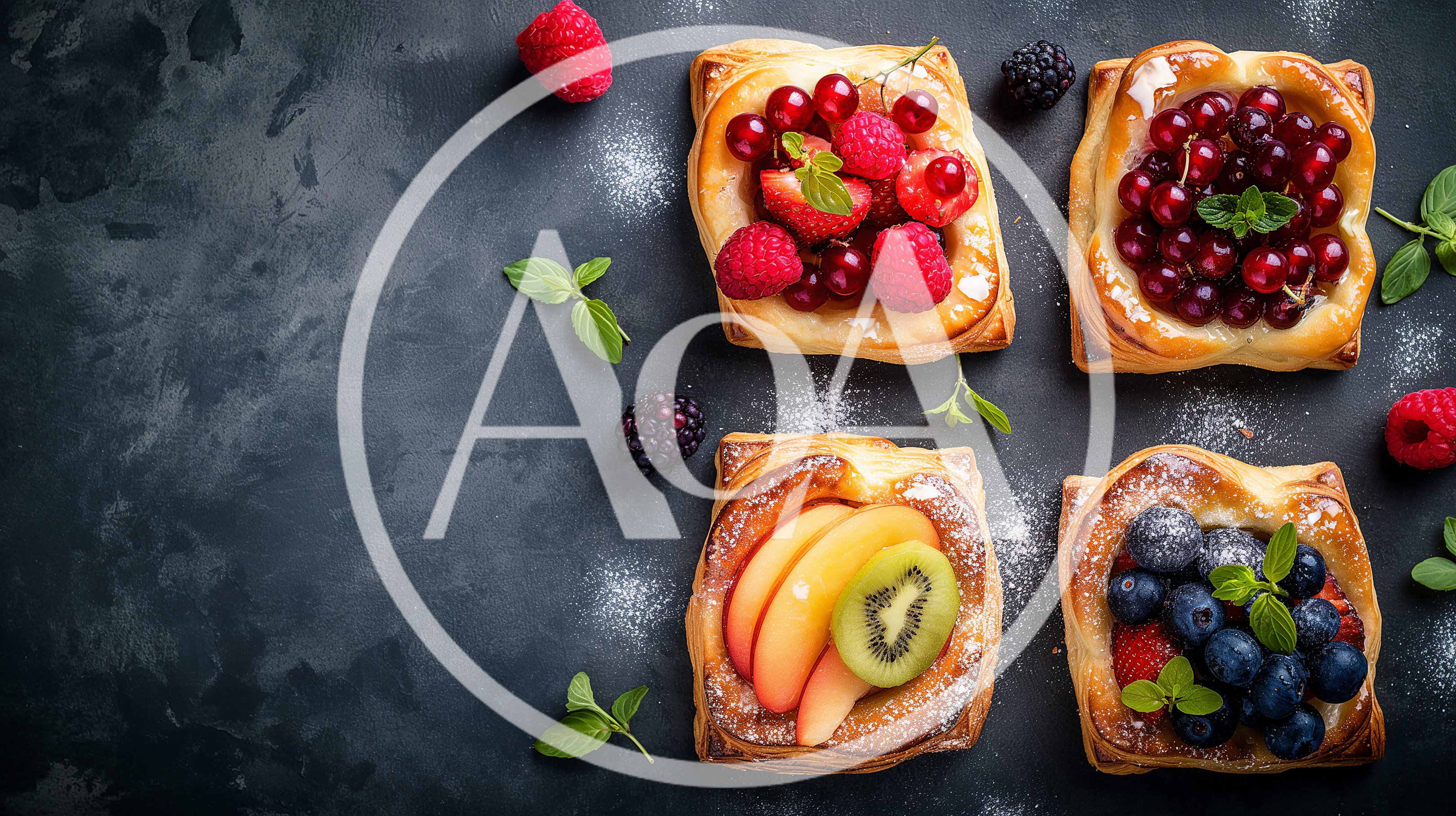 Assorted Fruit Pastries On Dark Textured Background