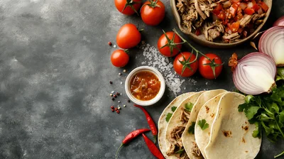 Top View Of Pulled Pork Tacos With Ingredients