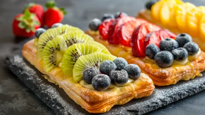 Fresh Fruit Pastry Tarts On A Slate Board