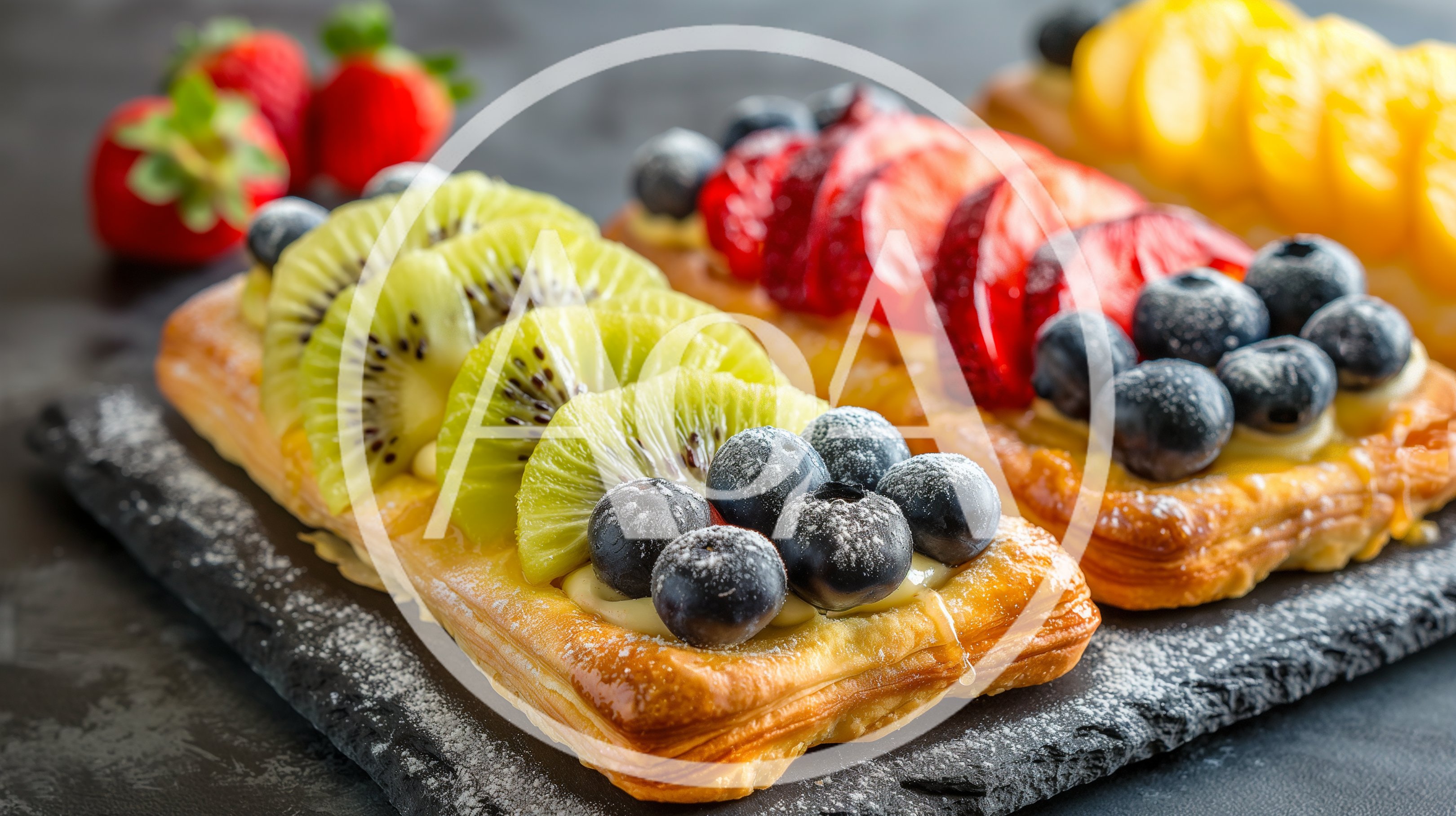 Fresh Fruit Pastry Tarts On A Slate Board