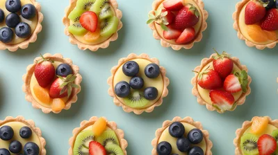 Assorted Fruit Tarts Arranged on Light Blue Background