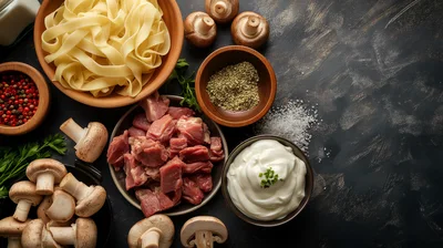 Raw Ingredients for Beef Stroganoff Preparation