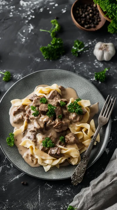 Beef Stroganoff Served on a Plate with Pasta