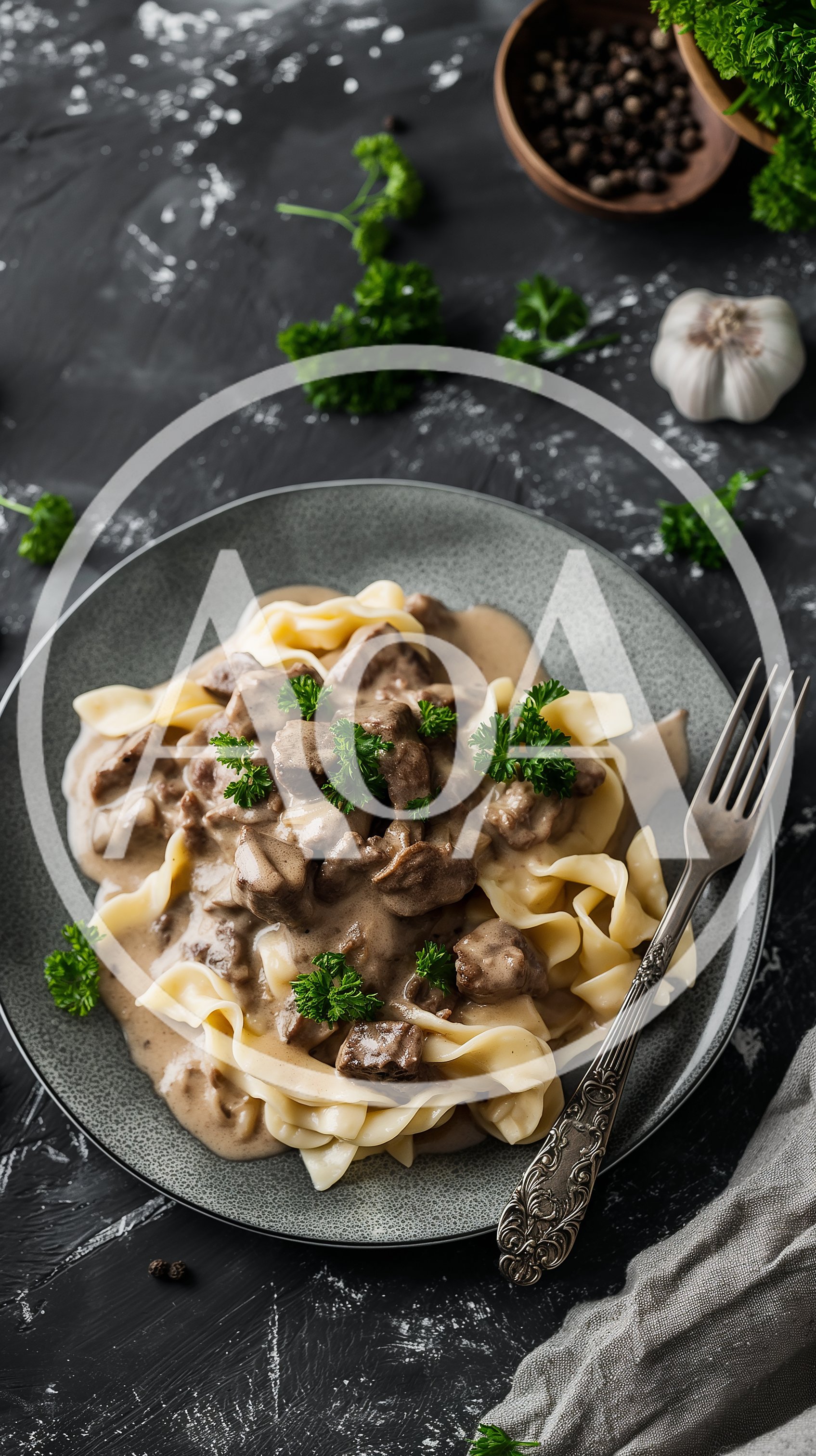 Beef Stroganoff Served on a Plate with Pasta