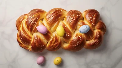 Braided Easter Bread With Speckled Eggs On Marble